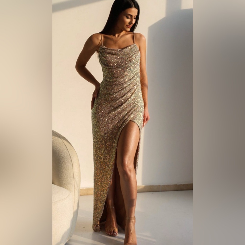 Gold Sequin Evening Gown | Draped Slit Maxi Dress | Size M